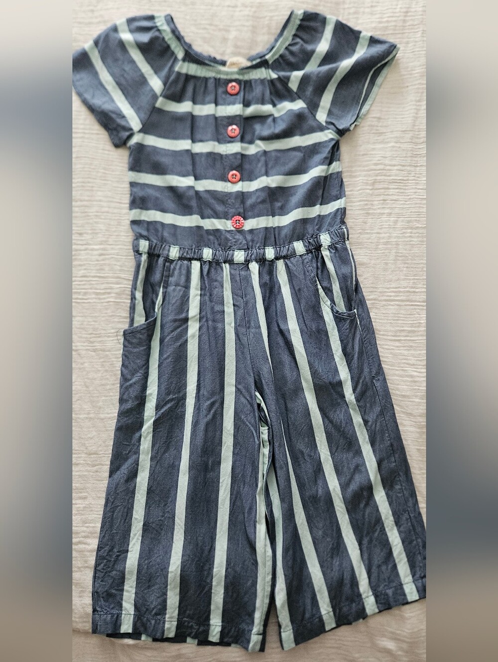 Matilda Jane Navy and Light Mint Striped Romper, Size 6